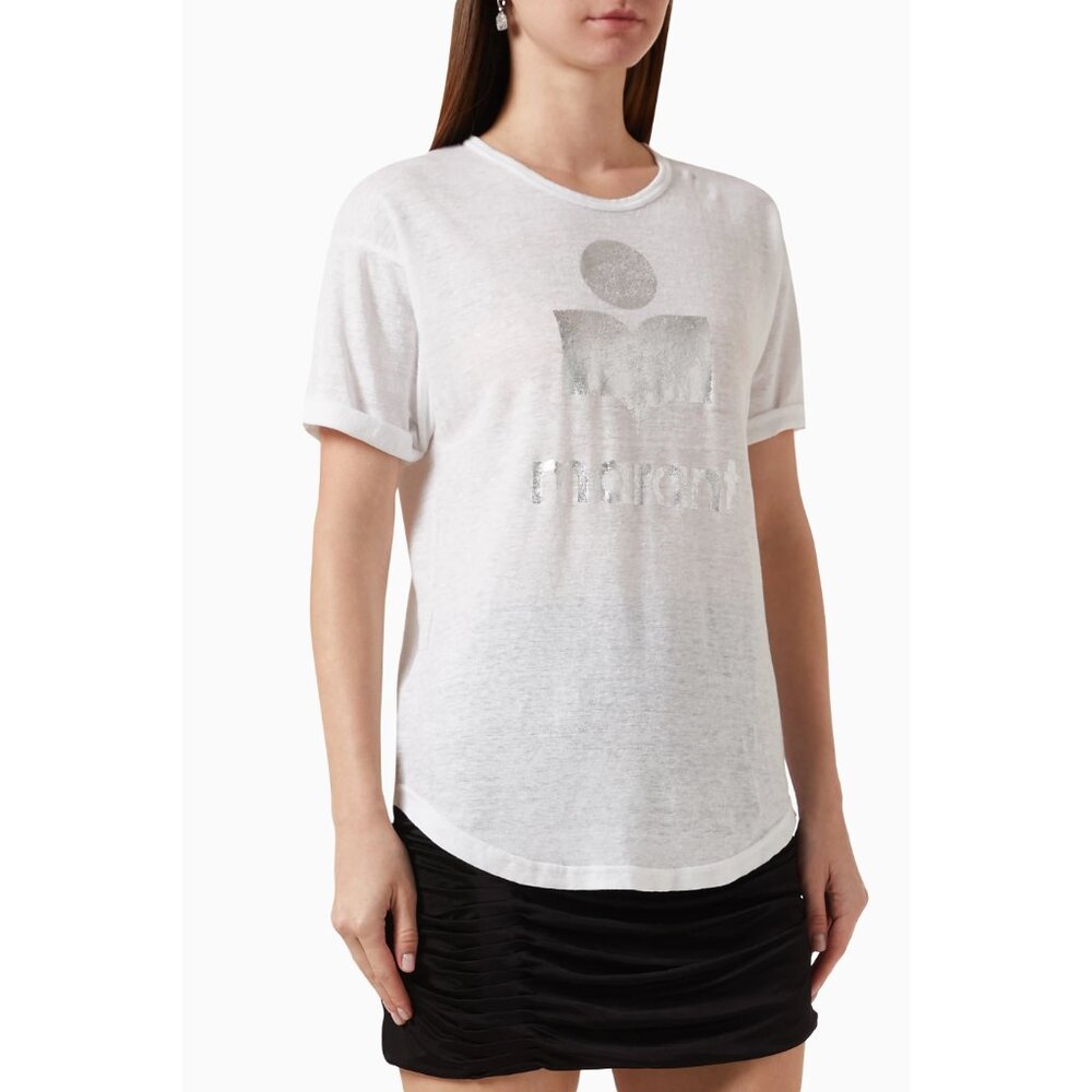 ISABEL MARANT ETOILE White Linen KOLDI Silver Foil Print Knit Jersey T-Shirt S